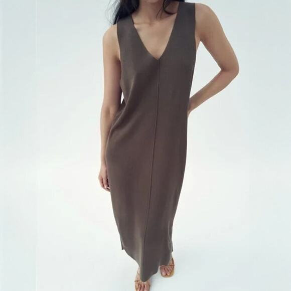 Zara Mocha Brown Sleeveless Knit VNeck Column Maxi Dress Size S - Picture 1 of 5